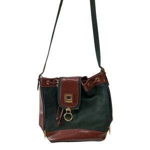 BOVANO VTG Drawstring Bucket Bag Shoulder Bag Purse‎ Brown Green Suede Leather